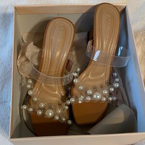 BCBG Tan Pearl Embellished Sandals